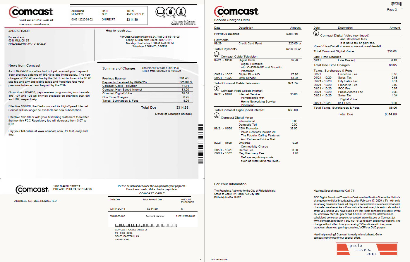 USA Comcast utility bill template in Word and PDF formats, 2 pages, version 2